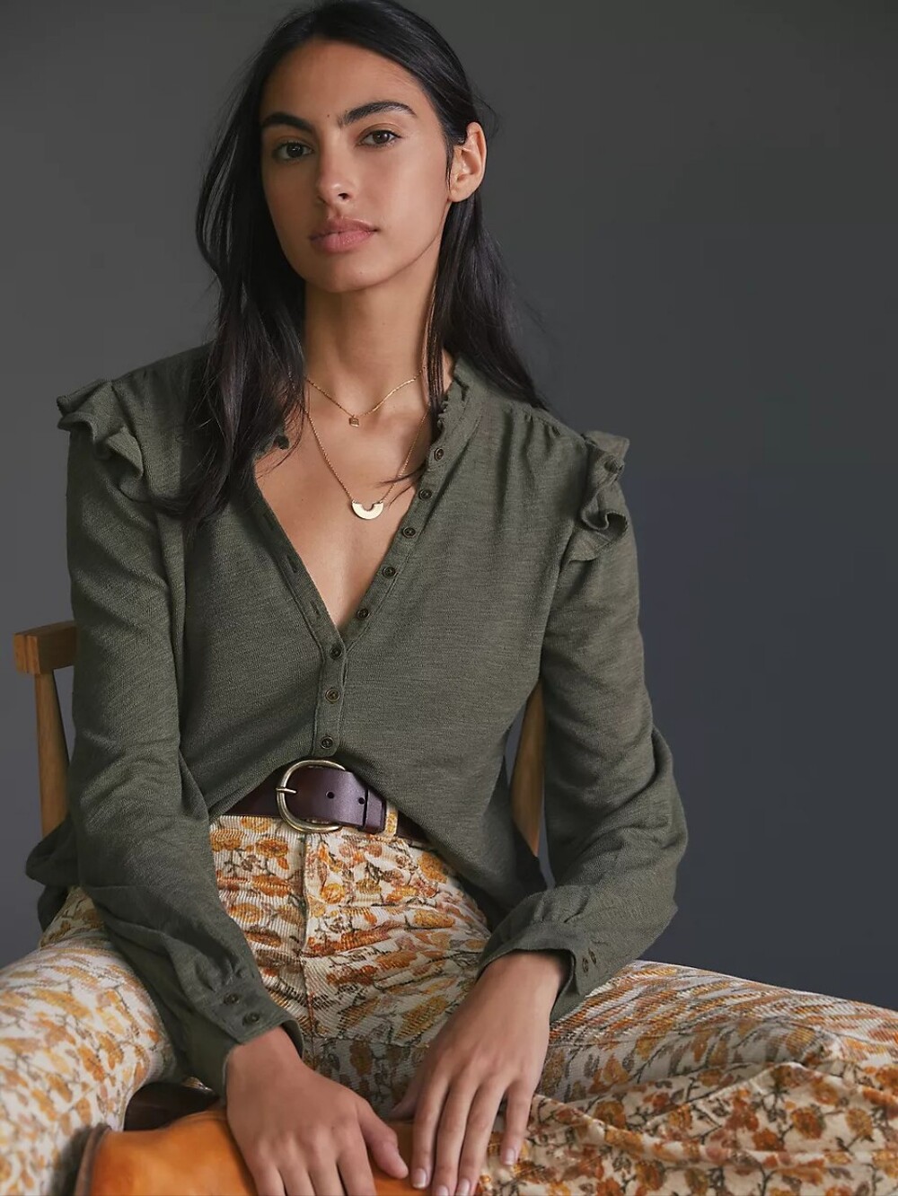 Pilcro Green Ruffled Henley Top Shirt Boho